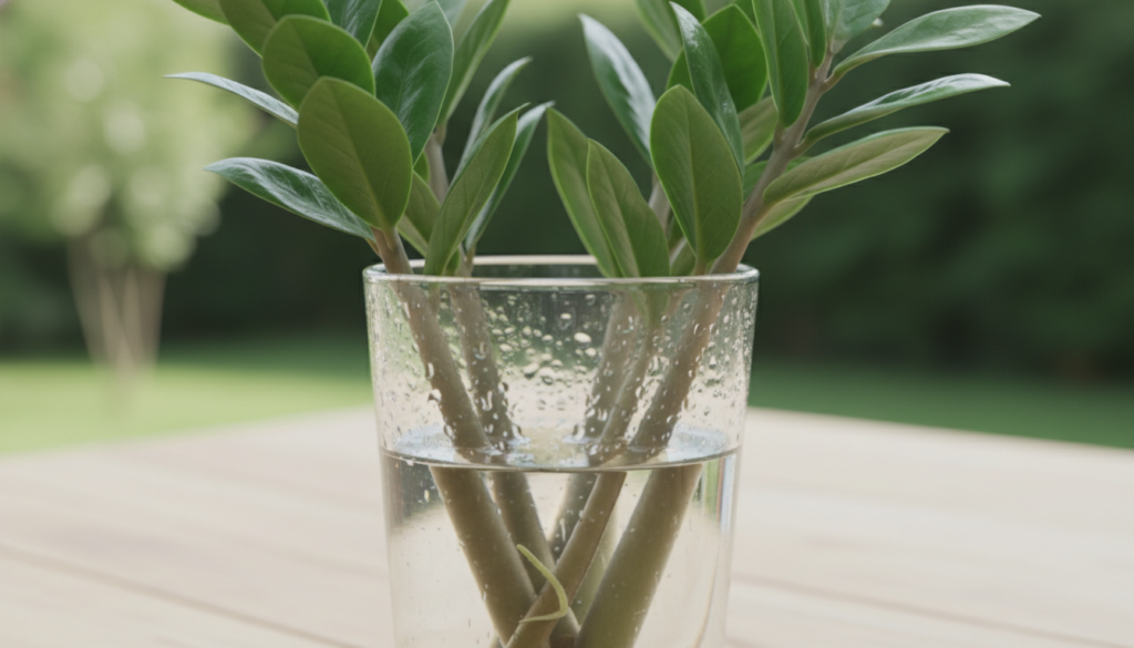 A clear, close-up image of several ZZ plant stem cuttings placed in a transparent glass filled with water, showcasing their vibrant green leaves and healthy stems. The foreground features the glass prominently with droplets of water on its surface, reflecting soft, natural light that enhances the freshness of the cuttings. In the middle ground, a blurred background reveals a light wooden table, with hints of green foliage from a garden setting softly out of focus to evoke a peaceful atmosphere. Use soft, diffused lighting to create a serene and natural feel, with a shallow depth of field focusing on the glass. The overall mood is calm and nurturing, illustrating the propagation method effectively.