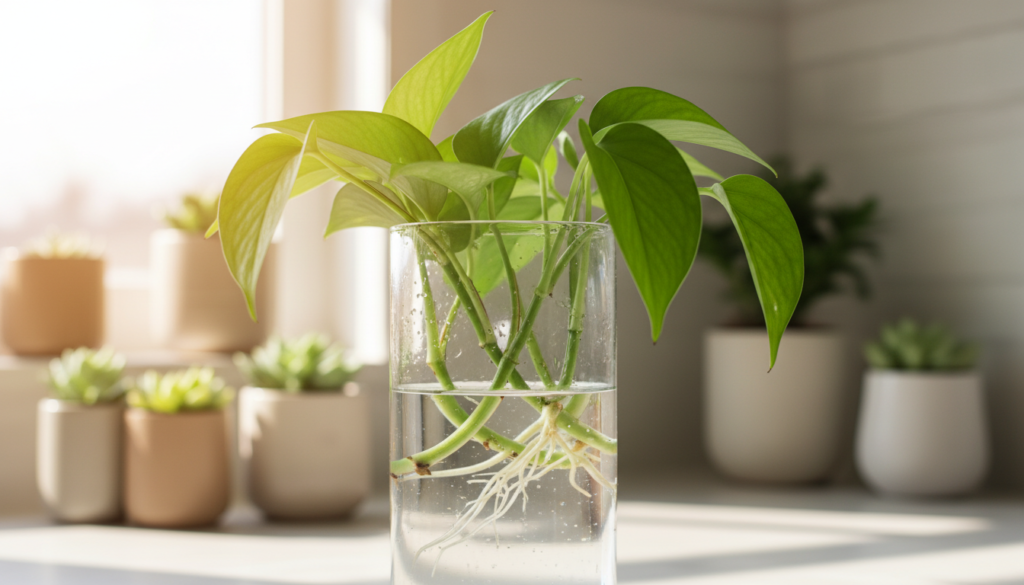 A clear glass container filled with pristine water, showcasing freshly cut Pothos stems with vibrant green leaves, gracefully suspended within. In the foreground, focus on the delicate roots peeking through the glass, demonstrating the early stages of propagation. The middle ground captures the interplay of light reflecting off the water's surface, creating a shimmering effect that highlights the vivid colors of the leaves. The background features a softly blurred indoor setting, like a sunlit kitchen counter adorned with subtle houseplant decor, enhancing a cozy and inviting atmosphere. The scene is bathed in warm, natural light filtering through a nearby window, contributing to an overall fresh and uplifting mood that symbolizes growth and prosperity.