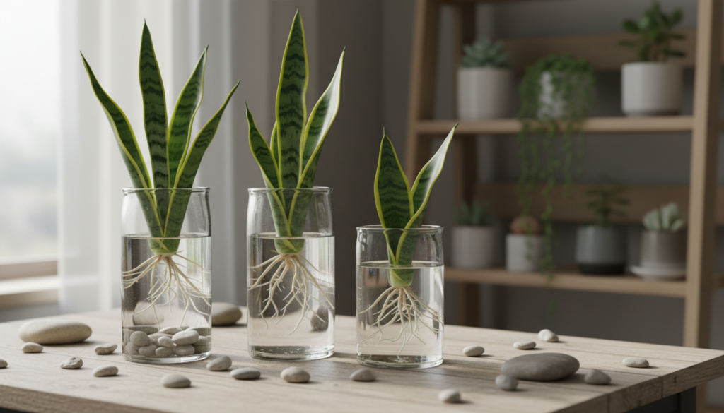A close-up image showcasing a water propagation setup for a snake plant, also known as Sansevieria. In the foreground, several cuttings with vibrant green leaves are placed in clear glass containers filled with fresh water, highlighting the roots developing below. The middle ground features a wooden table adorned with small pebbles accentuating a natural atmosphere. Soft, diffused sunlight streams in from a nearby window, casting gentle reflections on the glass, creating a serene ambiance. In the background, a blurred shelf displays additional succulents and plants, contributing to the lush indoor garden feel. The composition should evoke a sense of tranquility and growth, inviting viewers to explore plant care and propagation techniques. A close-up image showcasing a water propagation setup for a snake plant, also known as Sansevieria. In the foreground, several cuttings with vibrant green leaves are placed in clear glass containers filled with fresh water, highlighting the roots developing below. The middle ground features a wooden table adorned with small pebbles accentuating a natural atmosphere. Soft, diffused sunlight streams in from a nearby window, casting gentle reflections on the glass, creating a serene ambiance. In the background, a blurred shelf displays additional succulents and plants, contributing to the lush indoor garden feel. The composition should evoke a sense of tranquility and growth, inviting viewers to explore plant care and propagation techniques.