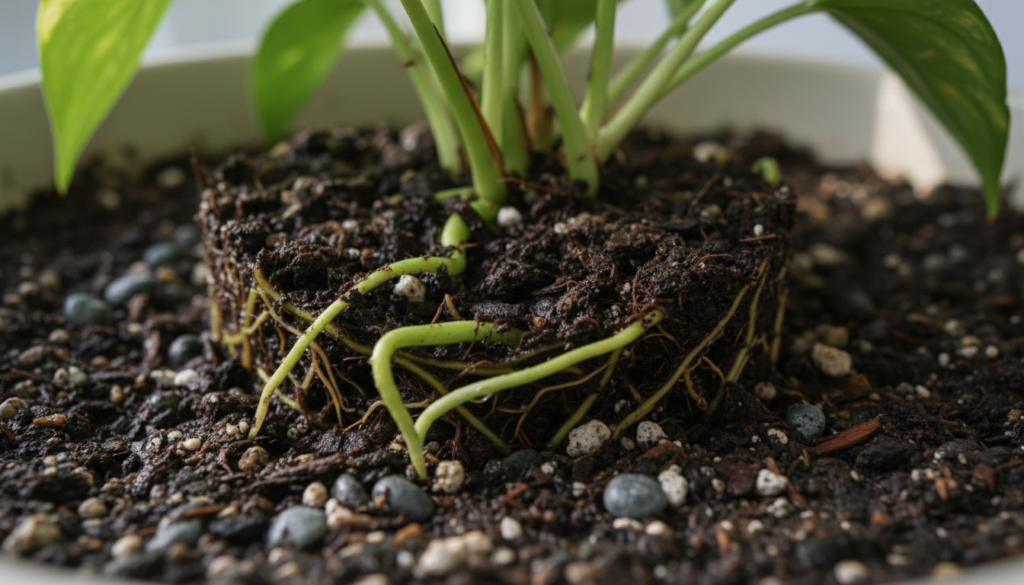 A close-up of healthy pothos roots emerging from damp soil, showcasing their intricate structures and vibrant green root tips. In the foreground, focus on the delicate tendrils of the roots that intertwine elegantly, glistening with moisture, hinting at their vitality and readiness for transplanting. The middle section features a selection of potting soil mixed with small pebbles to enhance drainage, providing a naturalistic look. The background should be softly blurred, with hints of green leaves from the pothos plant above, emphasizing the connection between the roots and the foliage. Soft, natural lighting enhances textures and colors, creating a warm and inviting atmosphere. Shot from a slightly elevated angle to capture the depth and complexity of the rooting system while maintaining a clean, professional aesthetic, free from any distractions.