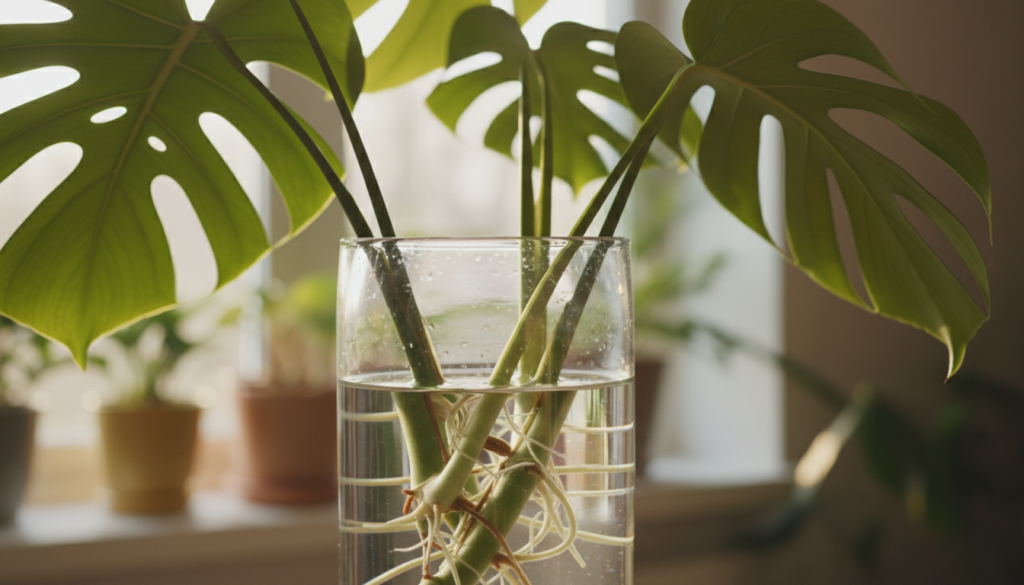 A close-up view of Monstera cuttings placed in a clear glass vase filled with water, showcasing the delicate water roots extending from the stems. The foreground features vibrant green leaves with deep splits, glistening under soft, natural light. In the middle ground, the transparent water reflects subtle light ripples, emphasizing the roots that are starting to grow. The background is softly blurred with hints of a sunny indoor setting, creating a serene and calming atmosphere. The overall mood is fresh and lively, perfect for illustrating the beauty of plant propagation. The image captures intricate details of both the roots and leaves, highlighting the process of rooting Monstera cuttings in water.
