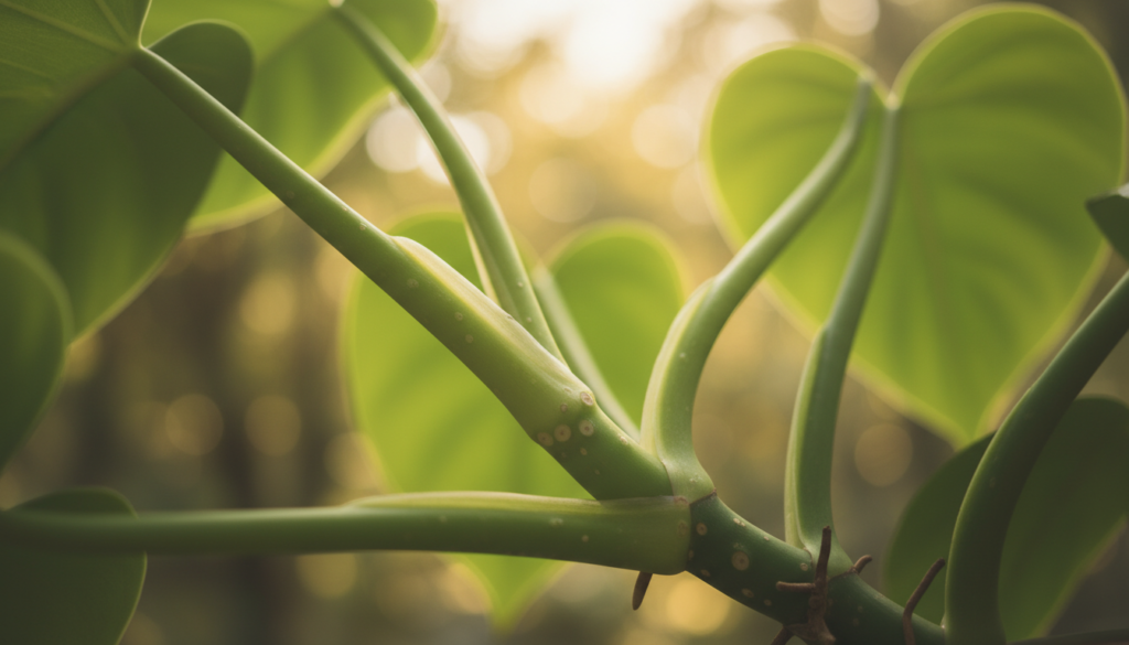 A close-up view of a healthy Philodendron stem featuring distinct nodes, showcasing the intricate details of the nodes' structure. In the foreground, the nodes are sharply in focus, displaying their small, distinctive bumps where leaves and roots emerge. The middle ground subtly captures the lush green leaves and vibrant stems, while the blurred background contains softly diffused light filtering through a natural setting, enhancing the botanical ambiance. The lighting is warm and inviting, creating a serene atmosphere that emphasizes the beauty of plant propagation. The shot is from a slightly elevated angle, adding depth and perspective to the image. Please ensure no text or watermarks are present in the final illustration.