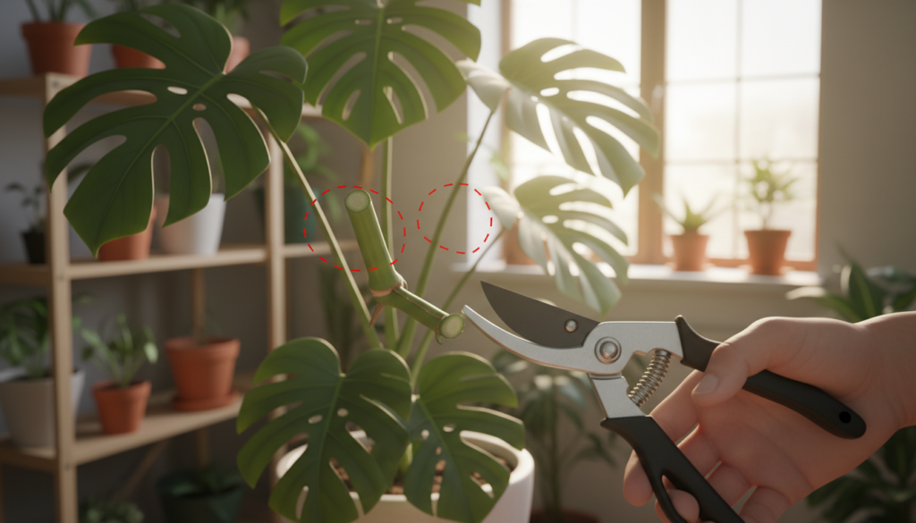 A close-up view of a healthy monstera plant being propagated, showcasing clear cutting techniques for optimal new growth. The foreground features a sharp focus on a pair of scissors carefully positioned beside a fresh monstera cutting, with one leaf and a node visible where the cut has been made. The middle ground includes a vibrant monstera with several large, glossy leaves, demonstrating ideal cutting locations. In the background, a softly blurred indoor gardening setting with natural light filters in through a window, adding warmth to the scene. The overall atmosphere evokes a sense of calm and professionalism, perfect for plant enthusiasts looking to enhance their propagation skills. The lighting is bright yet soft, highlighting the textures of the leaves and the cutting tool.