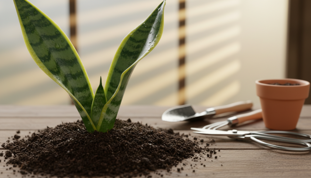 A close-up view of a healthy snake plant leaf cutting positioned slightly to the left in moist, dark soil, showcasing the step-by-step propagation process in soil. In the foreground, focus on the vibrant green variegated leaves of the snake plant, with slight droplets of water reflecting light. The middle ground features a scattered arrangement of gardening tools, such as a small trowel and pruning shears, suggesting an inviting gardening atmosphere. In the background, softly blurred sunlight filters through a window, creating a warm and nurturing ambiance. The overall mood is calm and encouraging, perfect for a gardening enthusiast eager to learn, captured in gentle natural lighting, emphasizing the details of soil texture and plant health. A close-up view of a healthy snake plant leaf cutting positioned slightly to the left in moist, dark soil, showcasing the step-by-step propagation process in soil. In the foreground, focus on the vibrant green variegated leaves of the snake plant, with slight droplets of water reflecting light. The middle ground features a scattered arrangement of gardening tools, such as a small trowel and pruning shears, suggesting an inviting gardening atmosphere. In the background, softly blurred sunlight filters through a window, creating a warm and nurturing ambiance. The overall mood is calm and encouraging, perfect for a gardening enthusiast eager to learn, captured in gentle natural lighting, emphasizing the details of soil texture and plant health.