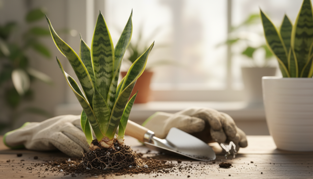 A close-up view of a lush snake plant (Sansevieria), prominently featuring a freshly divided section with healthy, vibrant green leaves reaching upward. The foreground displays the divided plant, its roots slightly exposed to showcase the division process, with a few soil particles scattered around for realism. In the middle, a pair of gardening gloves hold a small trowel, hinting at the propagation method. The background is softly blurred with hints of a bright, well-lit indoor setting, perhaps a sunlit window with soft, natural light filtering through. The atmosphere feels calm and nurturing, emphasizing a sense of growth and new beginnings. Focus on capturing intricate textures of the leaves and soil for a rich, detailed image. A close-up view of a lush snake plant (Sansevieria), prominently featuring a freshly divided section with healthy, vibrant green leaves reaching upward. The foreground displays the divided plant, its roots slightly exposed to showcase the division process, with a few soil particles scattered around for realism. In the middle, a pair of gardening gloves hold a small trowel, hinting at the propagation method. The background is softly blurred with hints of a bright, well-lit indoor setting, perhaps a sunlit window with soft, natural light filtering through. The atmosphere feels calm and nurturing, emphasizing a sense of growth and new beginnings. Focus on capturing intricate textures of the leaves and soil for a rich, detailed image.