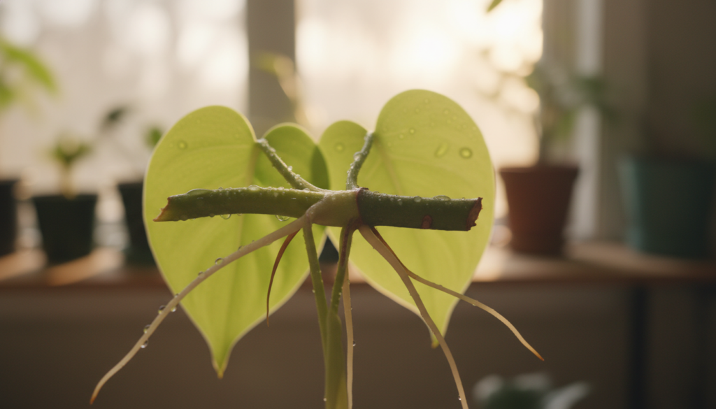 A close-up view of a philodendron propagation node cut, highlighting the intricate details of the node itself, with translucent water droplets on the surface. The foreground features a freshly cut node with a few aerial roots emerging, showcasing its potential for growth. In the middle, softer green leaves of a philodendron plant provide a vibrant backdrop, adding depth to the composition. The background is softly blurred, suggesting a well-lit indoor gardening space with gentle natural light filtering through a nearby window, casting soft shadows. The mood is calm and nurturing, perfect for illustrating the step-by-step process of propagation. The image should focus on the textures and colors of the plant, without any text or distractions.