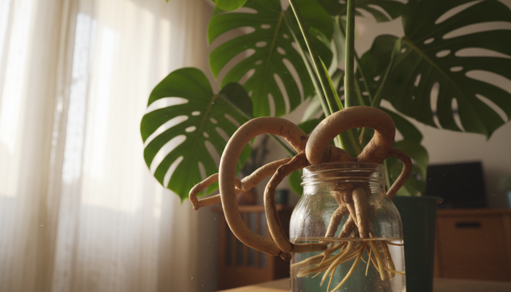 A close-up view of a vibrant Swiss cheese plant (Monstera deliciosa) showcasing its intricate aerial roots. In the foreground, emphasize the thick, organic roots gracefully curling and reaching towards a clear, water-filled container, hinting at propagation methods. The plant leaves are large, glossy, and perforated, providing a lush green backdrop in the middle ground. In the background, softly blurred, include a warm-toned room with a gentle sunlight filtering through sheer curtains, creating an inviting atmosphere. Use natural lighting to highlight the textures of the roots and leaves, captured from a low angle to enhance the sense of depth and detail, evoking a feeling of growth and nurturing life. A close-up view of a vibrant Swiss cheese plant (Monstera deliciosa) showcasing its intricate aerial roots. In the foreground, emphasize the thick, organic roots gracefully curling and reaching towards a clear, water-filled container, hinting at propagation methods. The plant leaves are large, glossy, and perforated, providing a lush green backdrop in the middle ground. In the background, softly blurred, include a warm-toned room with a gentle sunlight filtering through sheer curtains, creating an inviting atmosphere. Use natural lighting to highlight the textures of the roots and leaves, captured from a low angle to enhance the sense of depth and detail, evoking a feeling of growth and nurturing life.