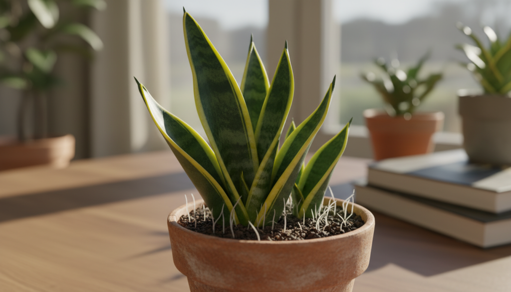 A close-up view of healthy snake plant cuttings, showcasing their vibrant green leaves with striking yellow edges. The cuttings are arranged artistically in a small, rustic terracotta pot filled with well-draining soil. In the foreground, there are tiny roots emerging from the soil, indicating the propagation process. The middle ground features additional cuttings in various stages of growth, while the background softly blurs into a cozy indoor setting with natural light filtering through a window, casting gentle shadows. The atmosphere is warm and inviting, reflecting a nurturing environment perfect for plant care. The image is bathed in soft, diffused light, captured with a macro lens at a slight angle to emphasize the textures and colors of the plant. A close-up view of healthy snake plant cuttings, showcasing their vibrant green leaves with striking yellow edges. The cuttings are arranged artistically in a small, rustic terracotta pot filled with well-draining soil. In the foreground, there are tiny roots emerging from the soil, indicating the propagation process. The middle ground features additional cuttings in various stages of growth, while the background softly blurs into a cozy indoor setting with natural light filtering through a window, casting gentle shadows. The atmosphere is warm and inviting, reflecting a nurturing environment perfect for plant care. The image is bathed in soft, diffused light, captured with a macro lens at a slight angle to emphasize the textures and colors of the plant.