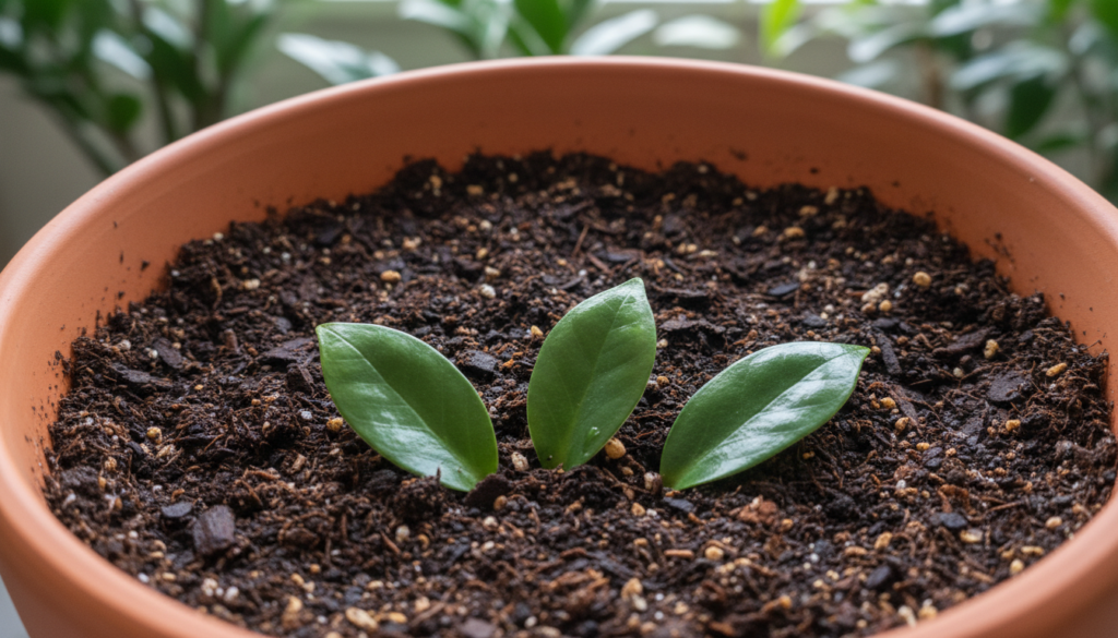 A close-up view of rich, dark soil potting mix in a clean, terracotta plant pot, with visible organic matter like small twigs and bits of bark. The foreground features a few glossy ZZ plant leaves placed gently on the soil, their vibrant green contrasting beautifully with the earthy tones of the mix. The middle layer includes soft, natural light illuminating the texture of the soil, highlighting moisture droplets to suggest freshness. In the background, out of focus, there are hints of soft, blurred greenery from houseplants, creating a tranquil indoor gardening atmosphere. The overall mood is calm and inviting, ideal for showcasing the process of low-maintenance propagation. The composition is shot from a slightly elevated angle to capture both the pot and the leaves effectively.