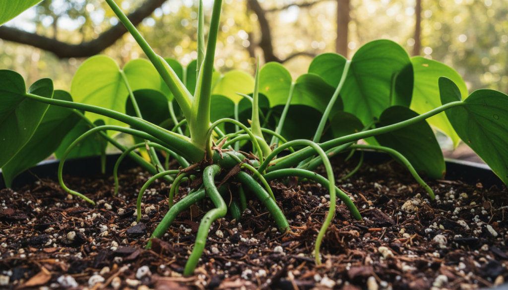 A close-up view of vibrant green philodendron roots emerging from the soil, showcasing their intricate, twisting structures. The scene captures roots in various stages of development – some thick and hearty, while others are finer and delicate. In the foreground, focus on the creamy soil mixed with organic matter, highlighting moisture and texture. The middle ground features healthy, glossy philodendron leaves, framing the roots and complementing the natural earthy tones. In the background, gentle dappled sunlight filters through soft, blurred foliage, creating a warm, inviting atmosphere. Use a soft focus lens effect to emphasize the roots, and maintain a natural color palette with a harmonious blend of greens and browns, evoking a sense of growth and nurturing.