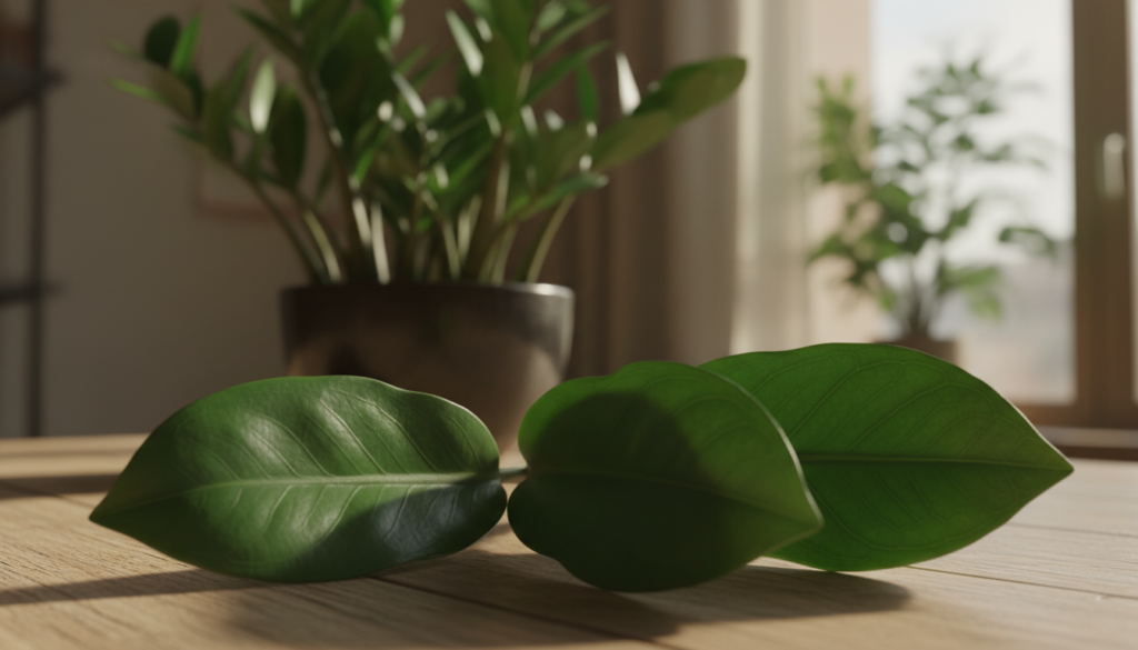 A close-up view of vibrant, healthy ZZ plant leaves showcasing their glossy, rich green surface. In the foreground, display several robust leaves resting gently on a textured wooden table, highlighting the intricate details of their leaf veins and healthy edges. The middle ground should reveal a softly blurred pot with more lush ZZ plant foliage, creating depth and inviting the viewer to focus on the healthy specimen. In the background, a softly lit, sun-drenched room with gentle greenery peeking through a window adds warmth and a serene atmosphere. The lighting should be natural, casting soft shadows that enhance the leaves' shine, capturing a sense of purity and vitality in the scene.