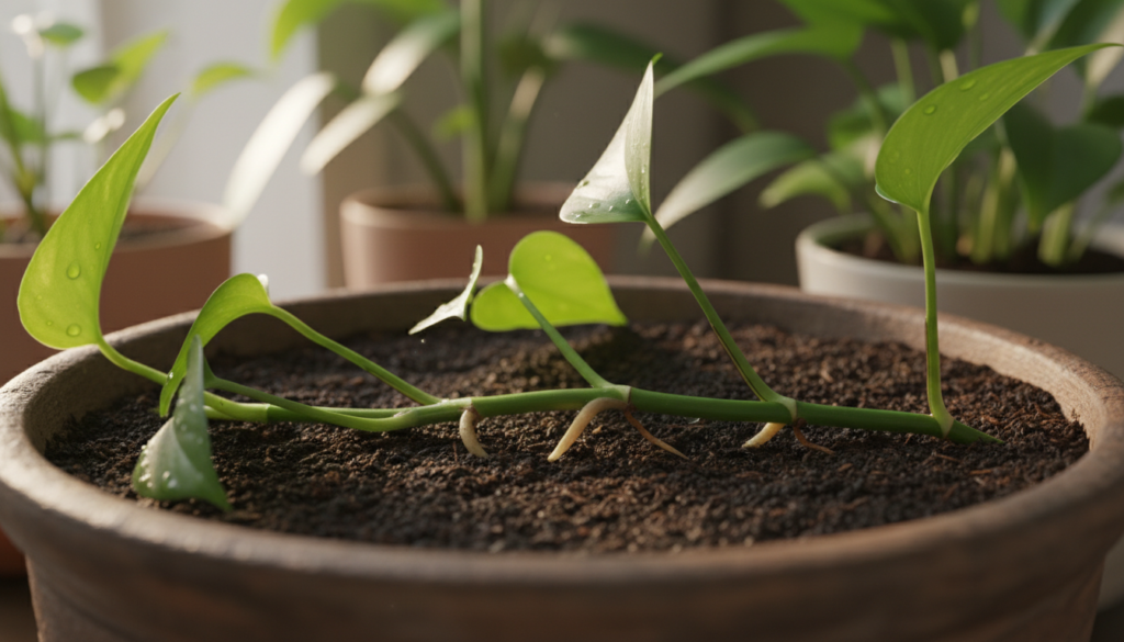 A close-up view of vibrant pothos cutting nodes resting on rich, dark soil in a small ceramic pot. The composition emphasizes the glossy, heart-shaped leaves with visible air roots emerging from the nodes, signaling readiness for propagation. In the background, subtly blurred to create depth, there's a hint of a well-lit indoor garden setting with soft, natural light filtering through a nearby window, casting gentle shadows. A macro lens perspective captures intricate details of the nodes and leaves, highlighting the freshness of the plant. The overall mood is serene and nurturing, inviting viewers to explore the process of propagation.