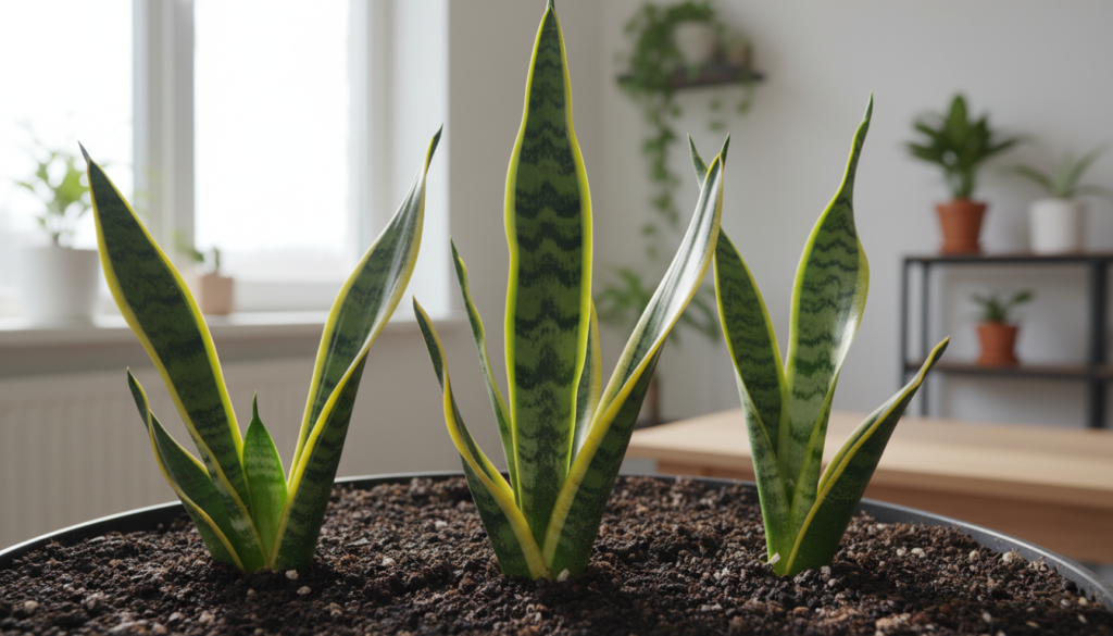 A close-up view of vibrant snake plant leaf cuttings placed in rich, dark soil, showcasing their unique, elongated shapes with striking green and yellow variegated patterns. The setting features a well-lit indoor environment, emphasizing a natural and serene atmosphere. Soft, natural light filters through a nearby window, casting gentle shadows that highlight the textures of the leaves and soil. In the background, out-of-focus hints of a cozy room with plant decor create an inviting mood. The angle captures both the cuttings and the soil in a balanced composition, inviting viewers to engage with the propagation process. The image is crisp and detailed, allowing for a clear appreciation of the snake plant's beauty. A close-up view of vibrant snake plant leaf cuttings placed in rich, dark soil, showcasing their unique, elongated shapes with striking green and yellow variegated patterns. The setting features a well-lit indoor environment, emphasizing a natural and serene atmosphere. Soft, natural light filters through a nearby window, casting gentle shadows that highlight the textures of the leaves and soil. In the background, out-of-focus hints of a cozy room with plant decor create an inviting mood. The angle captures both the cuttings and the soil in a balanced composition, inviting viewers to engage with the propagation process. The image is crisp and detailed, allowing for a clear appreciation of the snake plant's beauty.