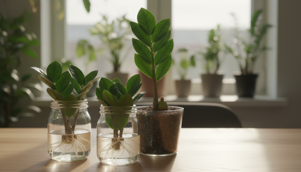A detailed, close-up view of ZZ plant leaf propagation, showcasing a single healthy leaf cutting emerging from rich, dark soil. The leaf should be vibrant green, with distinctive glossy texture and unique patterned veins. In the foreground, include smaller leaf cuttings in various stages of rooting, placed in clear glass jars filled with water, allowing the roots to be visible. The middle ground features an elegant, neutral-toned wooden table, enhancing the organic feel. In the background, softly blurred, there should be hints of natural light filtering through a window, casting gentle shadows that create a serene and inviting atmosphere. The overall mood is calm and educational, perfect for illustrating the basics of ZZ plant propagation.