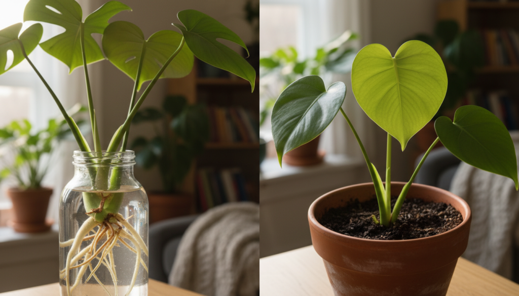A detailed split composition showcasing Monstera propagation in water on one side and in soil on the other. In the foreground, present a vibrant glass container filled with clear water, featuring healthy Monstera cuttings with roots beginning to develop. On the opposite side, display a small pot filled with rich, dark soil, showing a Monstera cutting firmly planted and thriving, with bright green leaves. The middle ground captures the contrasting environments: the water side is illuminated with soft, natural sunlight creating gentle reflections, while the soil side is shaded slightly for depth. In the background, use a blurred hint of a cozy indoor setting with plants to evoke a nurturing atmosphere, enhancing the sense of growth and care. The overall mood should be calm and inviting, emphasizing the beauty of plant propagation. A detailed split composition showcasing Monstera propagation in water on one side and in soil on the other. In the foreground, present a vibrant glass container filled with clear water, featuring healthy Monstera cuttings with roots beginning to develop. On the opposite side, display a small pot filled with rich, dark soil, showing a Monstera cutting firmly planted and thriving, with bright green leaves. The middle ground captures the contrasting environments: the water side is illuminated with soft, natural sunlight creating gentle reflections, while the soil side is shaded slightly for depth. In the background, use a blurred hint of a cozy indoor setting with plants to evoke a nurturing atmosphere, enhancing the sense of growth and care. The overall mood should be calm and inviting, emphasizing the beauty of plant propagation.