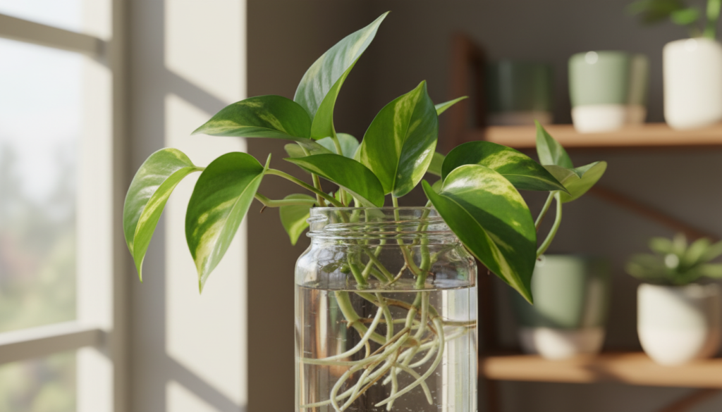 A lush, vibrant new pothos vine in a clear glass jar filled with water, showcasing delicate roots emerging from cuttings. In the foreground, focus on the glossy, heart-shaped leaves, varying in shades of green with subtle variegation, reflecting light beautifully as they gracefully drape over the rim of the jar. In the middle, the roots are visible, winding and twisting, indicating healthy growth. The background features a softly blurred indoor setting with natural light streaming through a window, casting gentle shadows and enhancing the serene, inviting atmosphere. Utilize a shallow depth of field to emphasize the pothos vine while giving a hint of the cozy environment around it. The overall mood should evoke tranquility and vitality, perfect for illustrating propagation techniques.