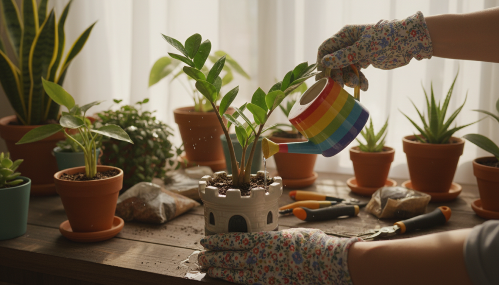 A nurturing indoor setting featuring a close-up view of a newly propagated ZZ plant in a small, whimsical ceramic pot, showcasing its glossy, dark green leaves. In the foreground, a pair of gentle hands, wearing gardening gloves, is carefully tending to the plant, watering it with a colorful watering can. In the middle ground, a soft, well-lit windowsill filled with other thriving houseplants and some gardening tools evokes a sense of care and growth. The background should include light-filtering curtains, diffusing the sunlight, casting a warm, inviting glow over the scene. The overall mood is tranquil and nurturing, emphasizing the beauty of plant care and aftercare for new plant enthusiasts.
