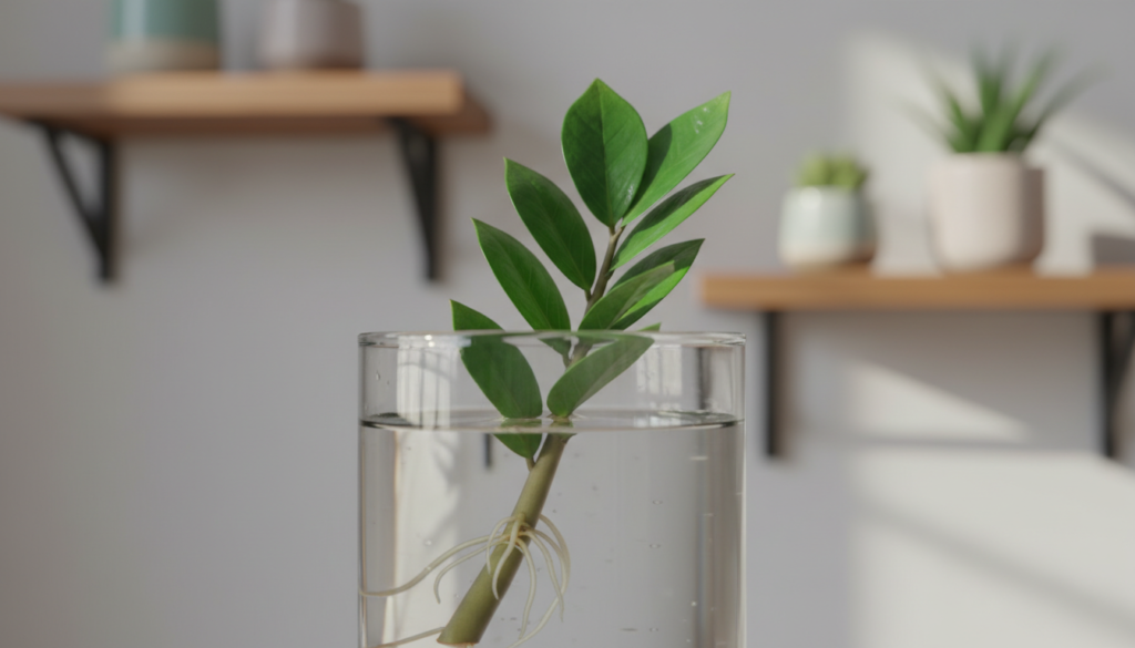 A serene, close-up view of a ZZ plant leaf submerged in a clear glass jar of water, with delicate roots beginning to sprout from its base. The foreground focuses on the leaf's glossy surface, highlighting its rich green color and unique texture. In the middle ground, the clear water contrasts with the vibrant leaf while gentle, refreshing light filters through the jar, creating soft reflections on the surface. The background features a softly blurred home-studio environment, hinting at a warm, inviting atmosphere with natural elements like wooden shelves and subtle potted plants. The overall composition exudes a calming, inspirational vibe, inviting viewers to explore the beauty of plant propagation and nature's growth.