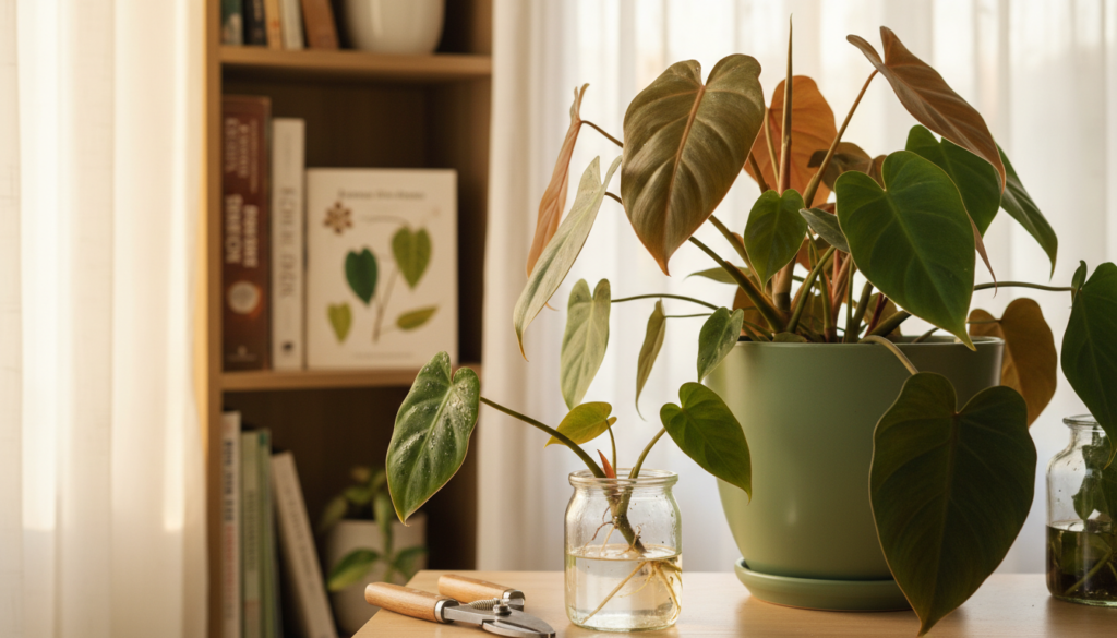 A serene indoor setting bathed in soft, indirect sunlight filtering through sheer curtains, illuminating a collection of healthy Philodendron plants. In the foreground, a close-up view of a pair of pruners and a small container filled with water beside a vibrant green node cutting, showcasing its juicy, healthy roots ready for propagation. In the middle ground, a stylish pot with a thriving Philodendron plant, illustrating its lush, broad leaves, evoking a sense of vitality. The background features a softly blurred bookshelf filled with gardening books, adding depth to the scene. The lighting is warm and inviting, creating a calm and encouraging atmosphere, perfect for inspired gardening enthusiasts. Shot with a shallow depth of field to emphasize the propagation tools and plants.