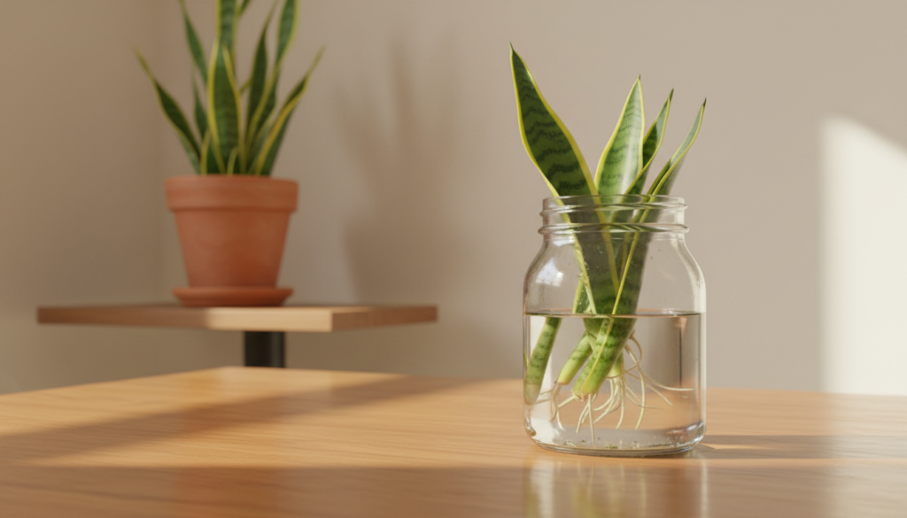 A serene indoor setting showcasing a clear glass jar filled with water, containing vibrant green Snake Plant leaf cuttings, their edges gently submerged. In the foreground, highlight the intricacies of the cuttings, showing the roots beginning to form. The middle layer features a wooden table with soft sunlight filtering through a nearby window, casting delicate reflections on the water. In the background, a well-kept, potted Snake Plant sits on a shelf, hinting at its care. The atmosphere is calm and educational, with warm colors and natural lighting emphasizing the propagation process. Photographed from a slightly elevated angle to capture both the cuttings and the environment, creating a welcoming and informative scene. A serene indoor setting showcasing a clear glass jar filled with water, containing vibrant green Snake Plant leaf cuttings, their edges gently submerged. In the foreground, highlight the intricacies of the cuttings, showing the roots beginning to form. The middle layer features a wooden table with soft sunlight filtering through a nearby window, casting delicate reflections on the water. In the background, a well-kept, potted Snake Plant sits on a shelf, hinting at its care. The atmosphere is calm and educational, with warm colors and natural lighting emphasizing the propagation process. Photographed from a slightly elevated angle to capture both the cuttings and the environment, creating a welcoming and informative scene.