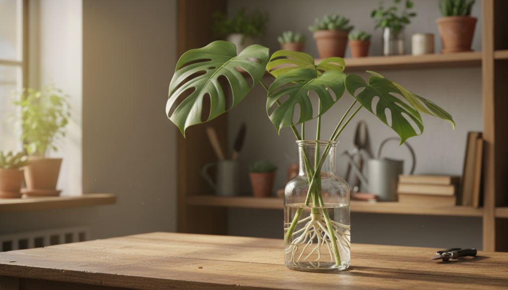 A serene kitchen scene featuring a Monstera plant being propagated in a clear glass vase filled with water. In the foreground, focus on the vase showcasing elegant Monstera cuttings with lush, green leaves, the roots visibly extending into the water, symbolizing vitality and growth. In the middle ground, a rustic wooden table complements the organic aesthetic, with soft sunlight filtering through a nearby window, creating a warm and inviting atmosphere. In the background, shelves lined with potted plants and gardening tools add depth and context to the setting. The lighting is soft and natural, emphasizing the tranquil environment, with a slight depth of field to draw attention to the propagation process. The mood is calm and encouraging, ideal for conveying the beauty of plant care. A serene kitchen scene featuring a Monstera plant being propagated in a clear glass vase filled with water. In the foreground, focus on the vase showcasing elegant Monstera cuttings with lush, green leaves, the roots visibly extending into the water, symbolizing vitality and growth. In the middle ground, a rustic wooden table complements the organic aesthetic, with soft sunlight filtering through a nearby window, creating a warm and inviting atmosphere. In the background, shelves lined with potted plants and gardening tools add depth and context to the setting. The lighting is soft and natural, emphasizing the tranquil environment, with a slight depth of field to draw attention to the propagation process. The mood is calm and encouraging, ideal for conveying the beauty of plant care.