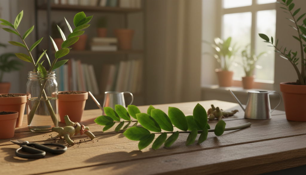 A serene workspace setup featuring a ZZ plant in the foreground, showcasing healthy cuttings ideal for propagation. The plant cuttings are arranged neatly on a rustic wooden table, surrounded by propagation supplies like a glass jar of water, small pots filled with potting mix, and gardening scissors. In the middle ground, soft natural light filters through a nearby window, highlighting the vibrant green leaves and creating gentle shadows. In the background, a softly blurred bookshelf filled with gardening books adds an inviting atmosphere. Capture the image with a warm color palette and a shallow depth of field, evoking a calm and nurturing mood perfect for plant care enthusiasts. No text or overlays in the image.