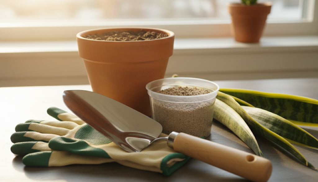 A vibrant and detailed arrangement showcasing essential tools for snake plant propagation. In the foreground, display a pair of clean, sturdy gardening gloves and a stainless steel trowel, glistening in natural light. In the middle ground, feature a terracotta pot with rich, well-draining soil, alongside a small container of cactus mix. A few healthy snake plant cuttings, with bold green and yellow striped leaves, should be placed next to the tools. In the background, softly blurred, include a sunny windowsill with a gentle glow highlighting the scene, suggesting an inviting indoor gardening atmosphere. Ensure a warm, cozy mood pervades the image, evoking the joy of plant care and propagation. A vibrant and detailed arrangement showcasing essential tools for snake plant propagation. In the foreground, display a pair of clean, sturdy gardening gloves and a stainless steel trowel, glistening in natural light. In the middle ground, feature a terracotta pot with rich, well-draining soil, alongside a small container of cactus mix. A few healthy snake plant cuttings, with bold green and yellow striped leaves, should be placed next to the tools. In the background, softly blurred, include a sunny windowsill with a gentle glow highlighting the scene, suggesting an inviting indoor gardening atmosphere. Ensure a warm, cozy mood pervades the image, evoking the joy of plant care and propagation.
