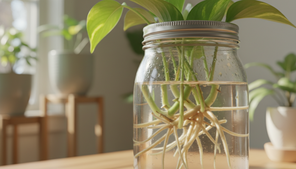 A vibrant, close-up depiction of a clear glass jar filled with water, showcasing multiple healthy pothos cuttings submerged beneath the surface. The cuttings have delicate green leaves and vibrant, thriving roots starting to sprout, creating a mesmerizing underwater scene. Soft afternoon sunlight filters through a nearby window, casting gentle reflections on the glass and illuminating the roots with a warm glow. In the background, a bright, airy room with hints of greenery and wooden plant stands enhances the sense of growth and flourishing life. The atmosphere is fresh and nurturing, conveying an ideal environment for rooting conditions. Use a shallow depth of field to keep the focus on the roots, while softly blurring the background.