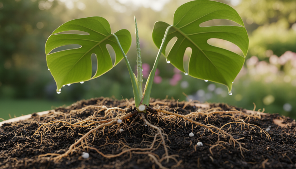 A vibrant close-up view of Monstera roots intricately intertwined with rich, dark soil. In the foreground, the roots exhibit fine hairs, glistening with moisture, and small nodes prepared for propagation. The middle ground focuses on the Monstera cutting, showcasing lush, green leaves, while small droplets of rooting hormone are visibly clinging to the base. The background features a softly blurred garden setting, with hints of sunlight filtering through foliage, creating a serene and nurturing atmosphere. The lighting is warm and inviting, with a focus on highlighting the textures of the roots and soil. Capture the essence of growth and life, evoking a sense of nurture and plant care, ideal for a botanical context.