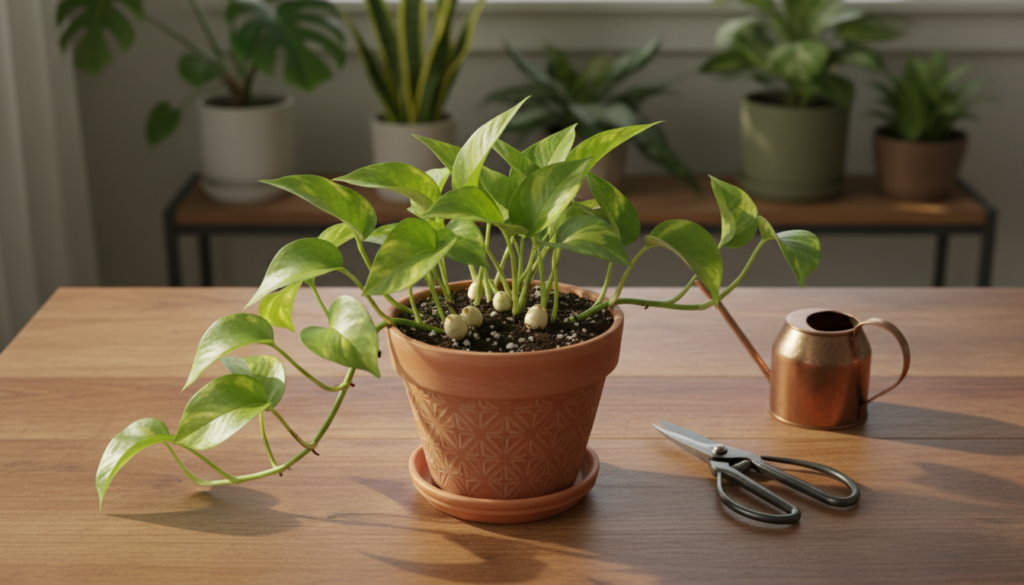 A vibrant pothos plant displayed in the foreground, its lush green leaves cascading elegantly from a decorative pot with textured soil peeking out, showcasing healthy root nodes at the base. In the middle ground, a clean wooden table provides a natural backdrop, with gentle sunlight filtering through a nearby window, casting soft, warm light that enhances the plant's vivid colors. A few gardening tools, like pruning shears and a watering can, are subtly placed to suggest preparation for propagation. The background features a blurred indoor garden setting with other houseplants to create a cozy atmosphere. The overall mood is calm and inspiring, portraying an inviting space for beginners looking to propagate their pothos safely. The angle is slightly overhead, providing a comprehensive view while emphasizing the beauty of the plant.