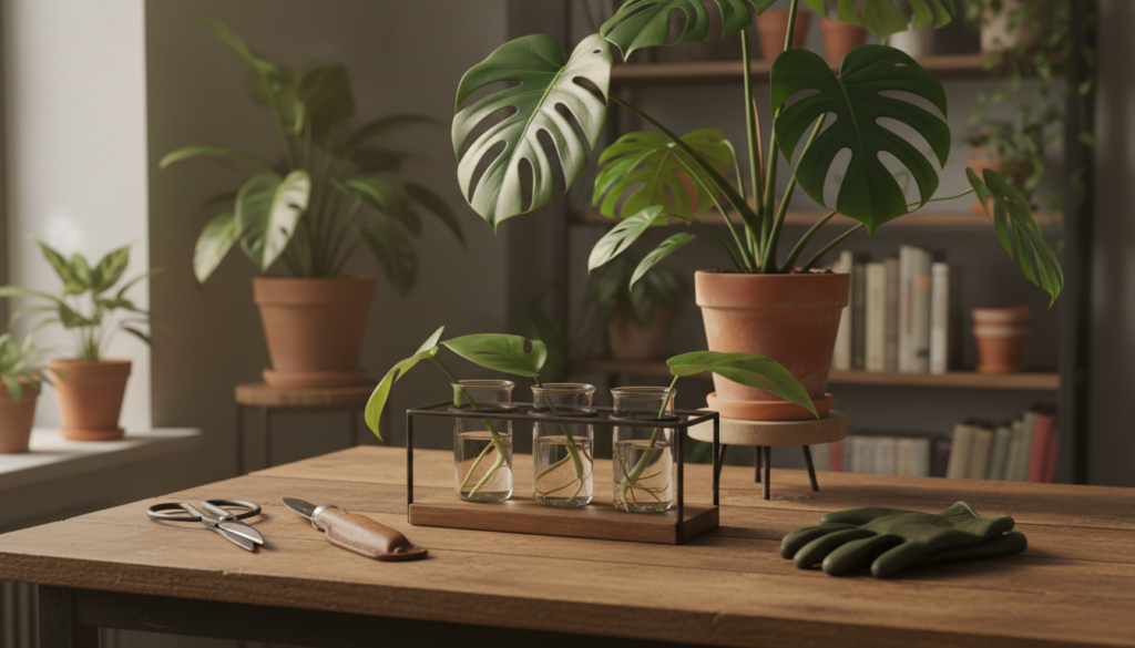 A well-organized plant care setup featuring essential tools for Monstera propagation. In the foreground, display a sturdy wooden table with a propagation station, showcasing a stylish glass jar filled with water and several cuttings of Monstera leaves, roots emerging. Beside it, arrange pruning shears, a small knife, and gardening gloves, neatly positioned. In the middle ground, include a potted Monstera plant basking in soft, natural sunlight, highlighting its lush, green leaves. In the background, create a serene atmosphere with blurred shelves containing gardening books and more plants, set in a cozy indoor space. Use warm lighting to enhance the inviting mood, and provide a slight depth of field to focus on the tools and setup, while maintaining a harmonious color palette.