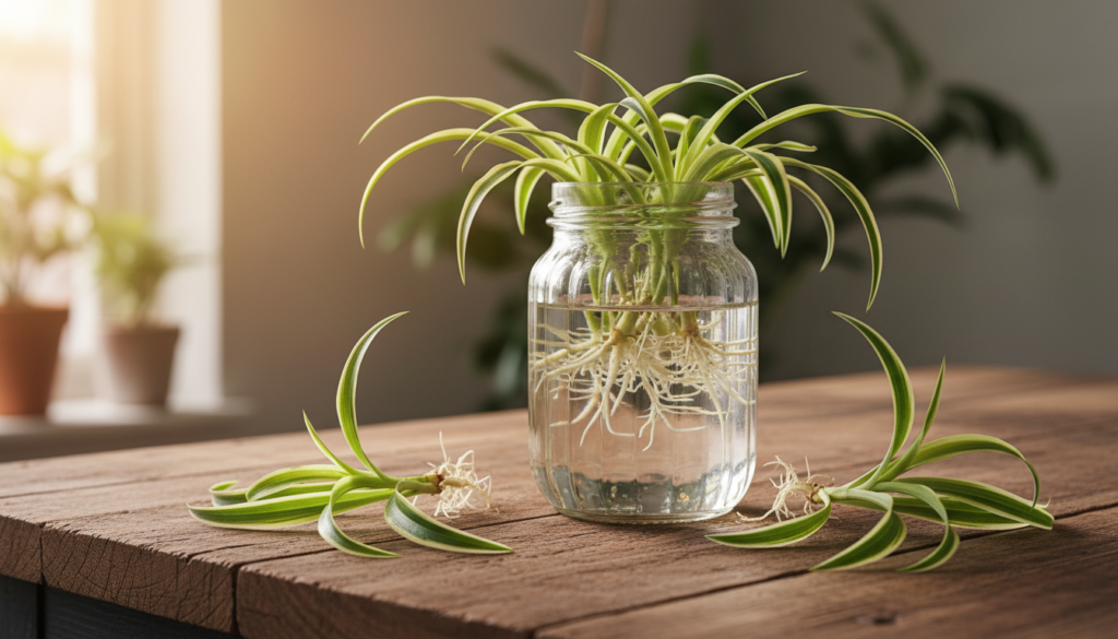 A beautifully arranged clear glass jar filled with fresh water, showcasing healthy spider plant cuttings with vibrant green leaves and small white roots. In the foreground, the jar sits on a rustic wooden table, illuminated by warm, natural sunlight that creates gentle reflections on the glass surface. The middle layer features a few cuttings placed beside the jar, emphasizing their lush foliage and root system. In the background, softly blurred greenery enhances the freshness of the scene, creating an indoor garden atmosphere. The image captures a serene and inviting mood, perfect for illustrating the essentials needed for propagating spider plants in water with a focus on clarity and simplicity.