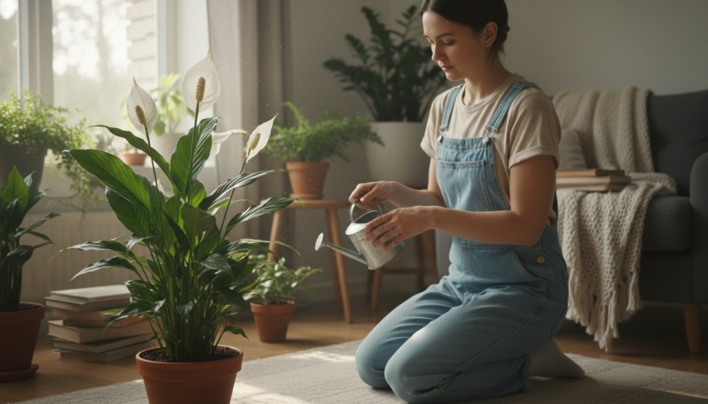 A beautifully arranged indoor setting featuring a healthy peace lily plant in the foreground, showcasing its lush green leaves and elegant white flowers, symbolizing vitality. In the middle ground, a gardener, dressed in modest casual clothing, is gently watering the plant with a small watering can, emphasizing care and attention. Behind them, a softly-lit living room with warm, natural sunlight pouring in through a window, adding a serene and nurturing ambiance. The background includes subtle hints of other houseplants, creating a harmonious indoor garden vibe. The overall mood is calm and inviting, exuding a sense of peace and dedication to plant care. The image captures the essence of nurturing and post-propagation care that ensures strong growth.