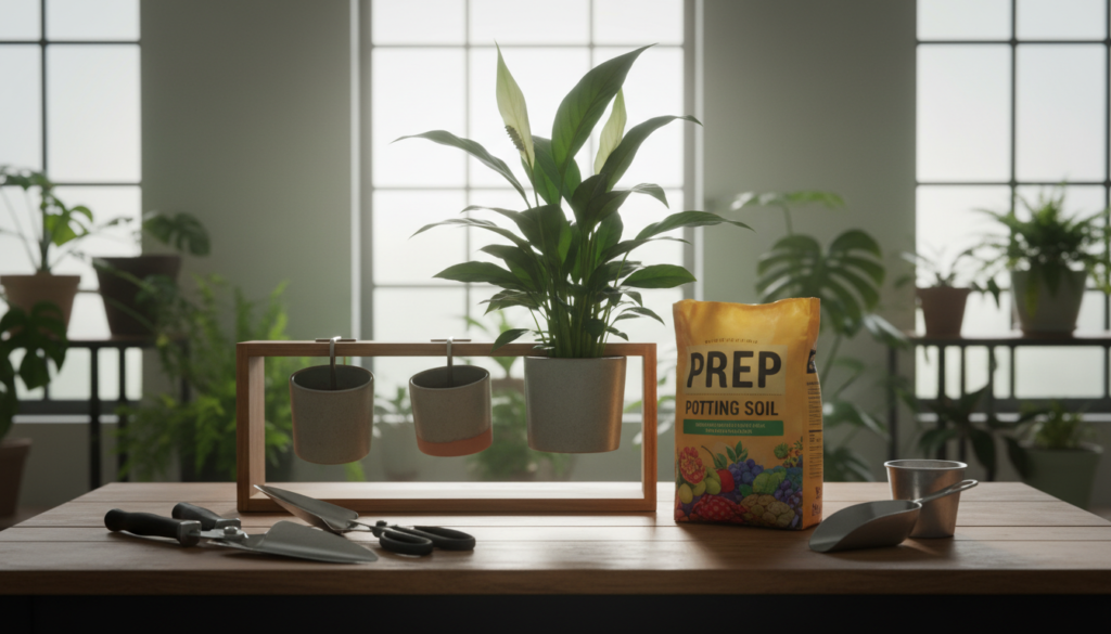 A bright and inviting indoor setting showcasing a variety of tools and materials for potting a Peace Lily. In the foreground, a wooden table is adorned with a neatly arranged collection of gardening tools: a trowel, pruning shears, and a scoop, alongside a vibrant bag of potting mix labeled as "prep potting soil." The middle ground features several small, hung plant pots, one containing a healthy Peace Lily ready for division, with its lush green leaves glistening under natural sunlight. In the background, large windows let in soft, diffused light, illuminating the green foliage of houseplants. The overall mood is serene and nurturing, embodying the spirit of caring for houseplants. The scene is captured from a slightly elevated angle, enhancing the composition and depth of field.