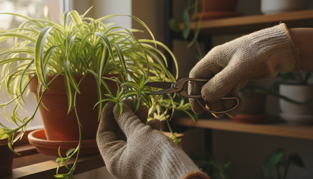 A close-up image of a vibrant spider plant with lush green leaves and small, delicate spiderettes hanging from the main stems. In the foreground, a pair of hands gently holding a pair of gardening scissors, poised to cut one of the spiderettes. The hands are adorned with a modest, earthy-toned gardening glove, showcasing a careful and nurturing approach. In the middle ground, the spiderettes are in focus, bright and healthy, while the background features a softly blurred indoor setting with warm, natural light filtering in through a window, casting gentle shadows. The overall atmosphere conveys a sense of calm and attentiveness, emphasizing the importance of knowing when to propagate the plant. A close-up image of a vibrant spider plant with lush green leaves and small, delicate spiderettes hanging from the main stems. In the foreground, a pair of hands gently holding a pair of gardening scissors, poised to cut one of the spiderettes. The hands are adorned with a modest, earthy-toned gardening glove, showcasing a careful and nurturing approach. In the middle ground, the spiderettes are in focus, bright and healthy, while the background features a softly blurred indoor setting with warm, natural light filtering in through a window, casting gentle shadows. The overall atmosphere conveys a sense of calm and attentiveness, emphasizing the importance of knowing when to propagate the plant.