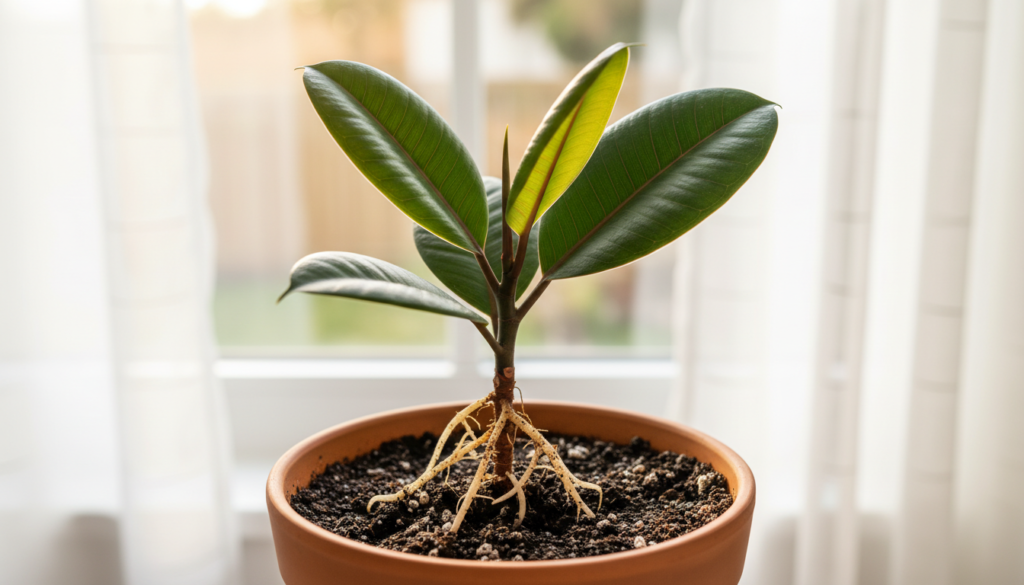 A close-up scene showcasing a healthy rubber plant cutting, just transitioning from water propagation to soil. In the foreground, highlight the lush green leaves of the cutting, with some visible roots emerging from the bottom. In the middle, display a small pot filled with fresh, rich soil, ready to receive the cutting. The background should gently fade out to a soft, blurred image of natural light filtering through a window, creating a warm, inviting atmosphere that suggests growth and nurturing. The lighting should be bright yet soft, casting gentle shadows, and the focus should be on the cutting and pot, with a slight bokeh effect on the background, evoking a sense of tranquility and excitement about new beginnings.