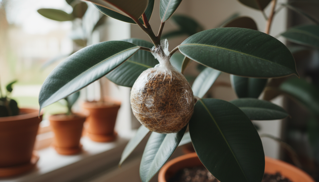 A close-up view of a Rubber Plant (Ficus elastica) branch demonstrating the air layering propagation technique. In the foreground, focus on the section of the branch wrapped in moist sphagnum moss and plastic wrap, showcasing the roots beginning to form. The middle ground should feature lush green foliage of the Rubber Plant, with vibrant, glossy leaves highlighting the plant's health. The background should be softly blurred, suggesting a warm, natural light environment, like a sunlit indoor gardening space. The atmosphere is calm and nurturing, emphasizing the gentle process of plant propagation. Use soft, diffused lighting to create an inviting feel, with a shallow depth of field to draw attention to the air layering technique.