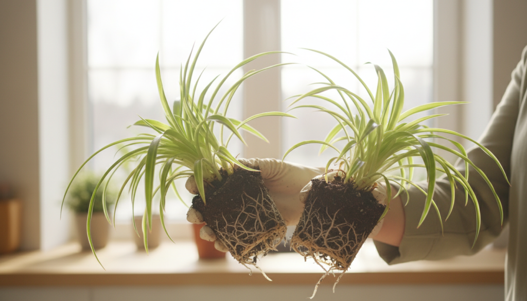 A close-up view of a divided spider plant in a well-lit kitchen setting. The foreground features the freshly divided spider plant with vibrant green leaves and healthy roots, showing the division process clearly. In the middle, a pair of hands wearing light gardening gloves are holding the divided sections, demonstrating the propagation technique. The background has softly blurred elements of a bright window, allowing natural sunlight to filter in, creating a warm and inviting atmosphere. The focus is sharp on the plant and hands, while the lighting highlights the textures of the leaves and the potting soil. The overall mood conveys a sense of care and precision, ideal for illustrating the plant propagation process. A close-up view of a divided spider plant in a well-lit kitchen setting. The foreground features the freshly divided spider plant with vibrant green leaves and healthy roots, showing the division process clearly. In the middle, a pair of hands wearing light gardening gloves are holding the divided sections, demonstrating the propagation technique. The background has softly blurred elements of a bright window, allowing natural sunlight to filter in, creating a warm and inviting atmosphere. The focus is sharp on the plant and hands, while the lighting highlights the textures of the leaves and the potting soil. The overall mood conveys a sense of care and precision, ideal for illustrating the plant propagation process.