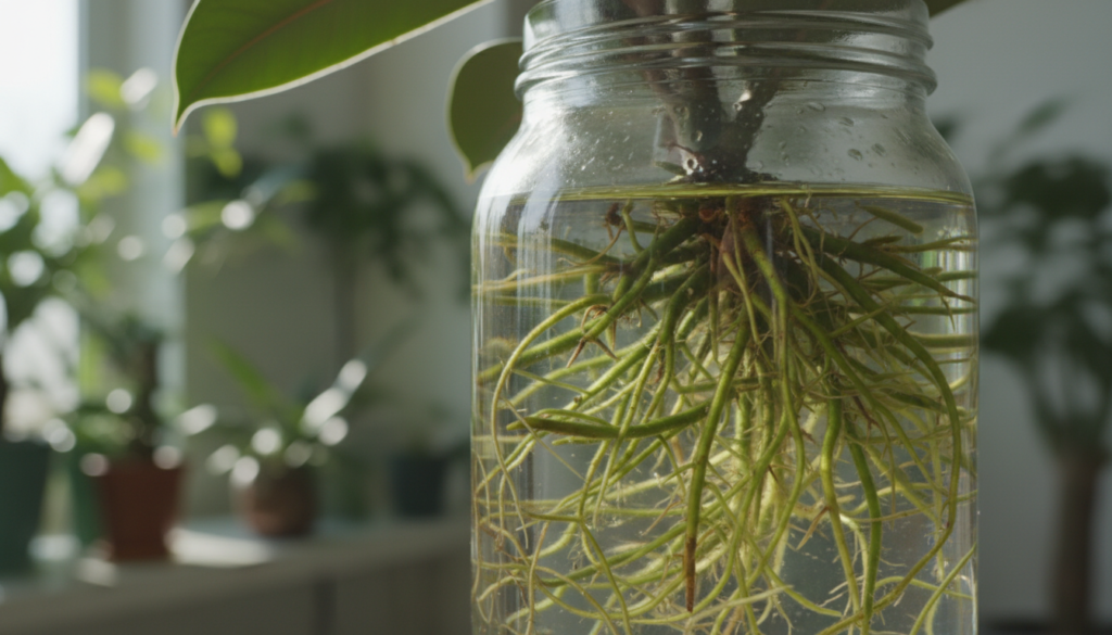 A close-up view of a glass jar filled with fresh, vibrant green rubber plant roots submerged in clear water. The roots are intricate and organic, showcasing their natural curves and textures, contrasting beautifully against the jar's smooth surfaces. Soft sunlight filters through, creating gentle reflections and highlighting the clarity of the water. In the background, a blurred, calming indoor garden setting with shades of green and hints of other houseplants adds depth and tranquility to the scene. The focus is sharp on the jar, emphasizing the healthy roots, while the overall atmosphere feels serene and nurturing, inviting viewers to contemplate the propagation process.