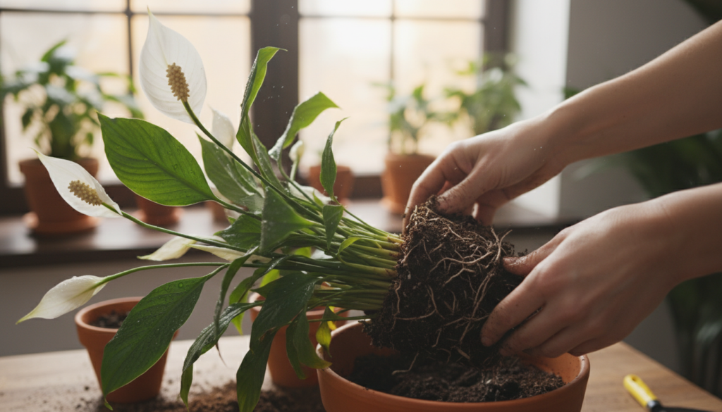 A close-up view of a healthy peace lily plant being propagated by division in rich, dark potting soil. In the foreground, focus on the intricate, lush green leaves of the peace lily, glistening with droplets of moisture, showcasing the vibrant white blooms. The middle ground features a gardener's hands gently dividing the root system, emphasizing the process of propagation. In the background, soft, natural light filters through a window, creating a warm, inviting atmosphere filled with a sense of tranquility. Use a shallow depth of field to blur the background slightly, drawing attention to the details of the plant and the gardener's hands. Capture the serene ambiance of nurturing and caring for plants.