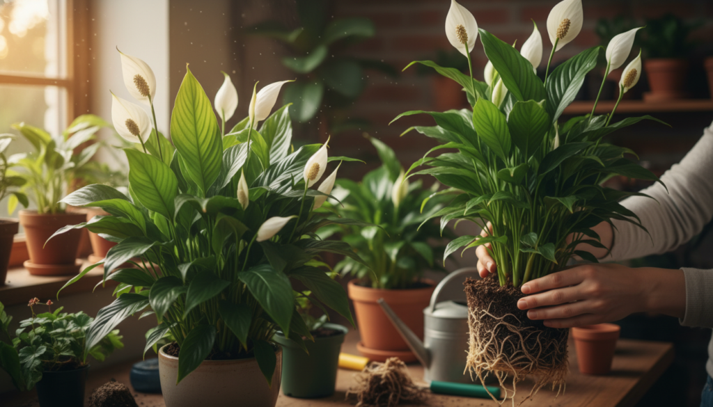 A close-up view of a lush peace lily plant, showcasing its vibrant green leaves and delicate white flowers. The image captures multiple peace lilies at various stages of growth, with some showing signs of readiness for division like crowding and overgrowth. In the foreground, one peace lily is prominently displayed with its roots slightly exposed, indicating a need for repotting. The middle ground features a gardener's hands gently holding another plant, demonstrating the division process. The background is softly blurred, depicting a cozy indoor setting with warm, natural light filtering through a window, creating an inviting and serene atmosphere. The overall mood conveys the gentle care and attention needed to nurture these beautiful houseplants.