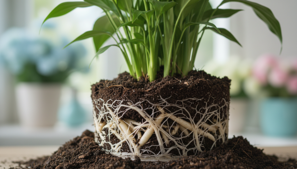 A close-up view of a peace lily plant's roots, showcasing the intricate network of creamy-white roots with delicate, fine hair-like extensions, set against dark, rich soil. The foreground features the roots prominently, highlighting their health and structure, while the middle ground reveals the lush green foliage of the peace lily above, softly blurred to emphasize the roots below. In the background, hints of a pastel-colored garden or indoors setting create a calming atmosphere, illuminated by soft, natural light filtering in, casting gentle shadows. The mood is serene and nurturing, emphasizing the care needed to divide the plant without causing damage, ideal for an instructional context.