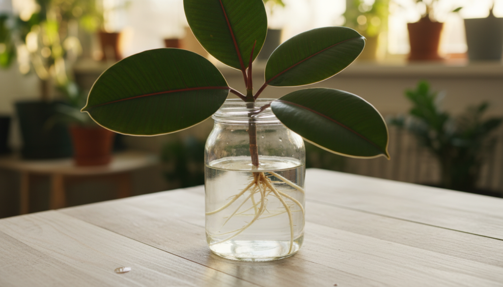 A close-up view of a rubber plant (Ficus elastica) cutting propagating in a clear glass container filled with water, showcasing vibrant green leaves with glossy surfaces. In the foreground, include the cutting's roots starting to develop, visibly suspended in the water. The middle ground features a wooden table, adding a natural touch, while the background gently blurs to reveal a softly lit indoor garden setting with a hint of plant foliage. The lighting is warm and inviting, creating a serene atmosphere. The angle is slightly above the cutting, offering an intimate perspective on the propagation process. The mood is calm and nurturing, emphasizing growth and vitality in plant care.
