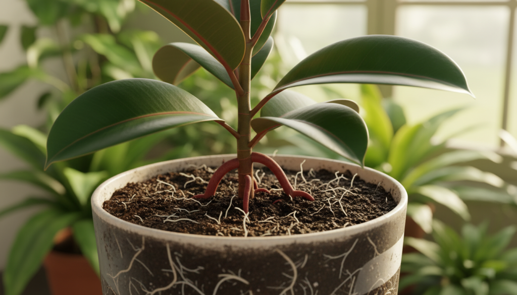 A close-up view of a rubber plant cutting nestled in rich, dark soil, with vibrant green roots extending into the earth. The foreground features the glossy leaves of the rubber plant, showcasing their thick, waxy texture and deep emerald hue. The middle ground highlights the cutting itself, standing upright in a pot filled with nutrient-rich soil, while tiny roots are beginning to grow and spread out. The background is softly blurred, suggesting a sunlit greenhouse filled with other plants, creating a warm and nurturing atmosphere. The lighting is natural, with gentle rays illuminating the scene, enhancing the organic textures and colors, evoking a sense of growth and life.