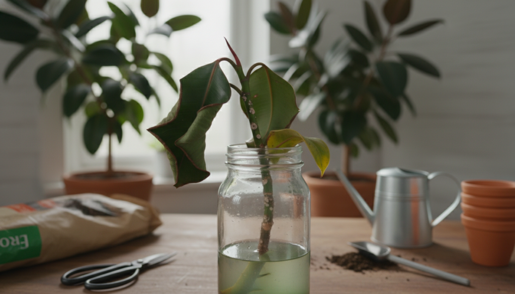 A close-up view of a rubber plant cutting struggling to root, showcasing common propagation problems. The foreground highlights the cutting with wilted leaves, slight browning at the tips, and visible fungal spots on the stem. Surrounding this are a few problematic elements like yellowing leaves and stagnant water in the propagation container. In the middle ground, a bright, well-lit gardening workspace showcases potting supplies, with a soft focus on tools like scissors and a watering can, creating an informative atmosphere. The background features lush, healthy rubber plants thriving in pots, illustrating the contrast. Use natural, diffused lighting to create a calm and nurturing mood. Capture at a shallow depth of field to emphasize the struggling cutting, inviting viewers to explore solutions for effective propagation.