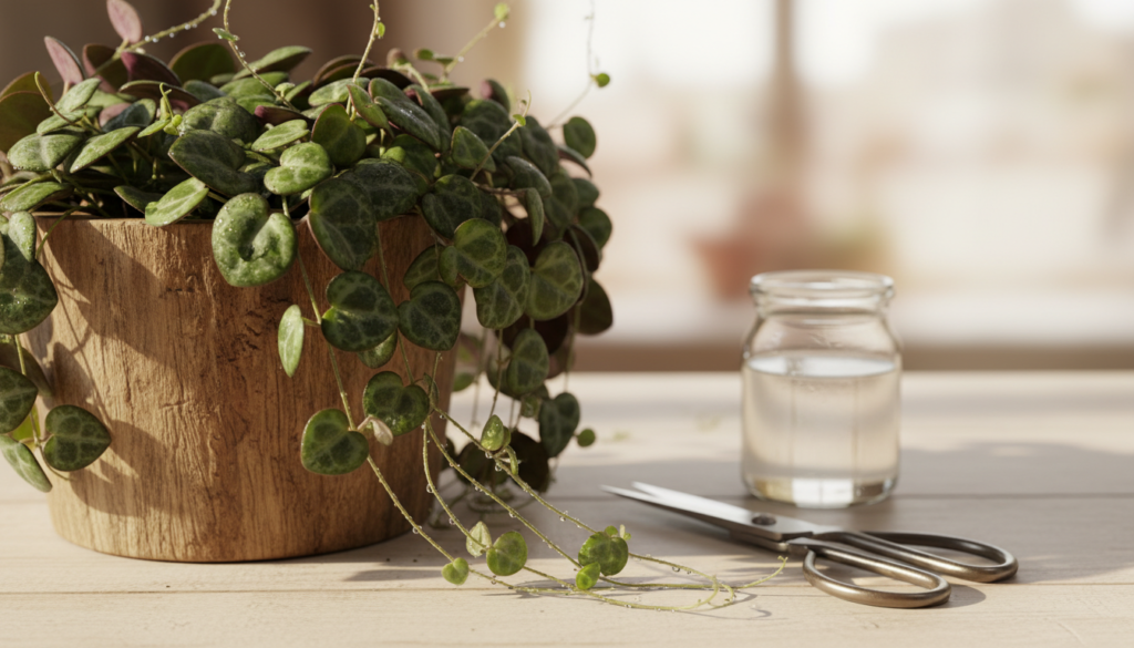A close-up view of a thriving "String of Hearts" plant, showcasing its cascading heart-shaped leaves with vibrant shades of green and hints of purple. In the foreground, intricate tendrils are delicately coiling and hanging down, glistening with morning dew to emphasize freshness. The middle ground features a rustic wooden pot nestled on a light-colored wooden surface, surrounded by a pair of sharp, clean scissors and a small glass jar filled with clear water, ready for propagation. The background is softly blurred, hinting at a warm, sunlit room with light streaming through a window, creating a peaceful and inviting atmosphere. The lighting is soft and natural, casting gentle shadows and highlighting the plant's unique texture. The overall mood is tranquil and inspiring, perfect for gardening enthusiasts and plant lovers.