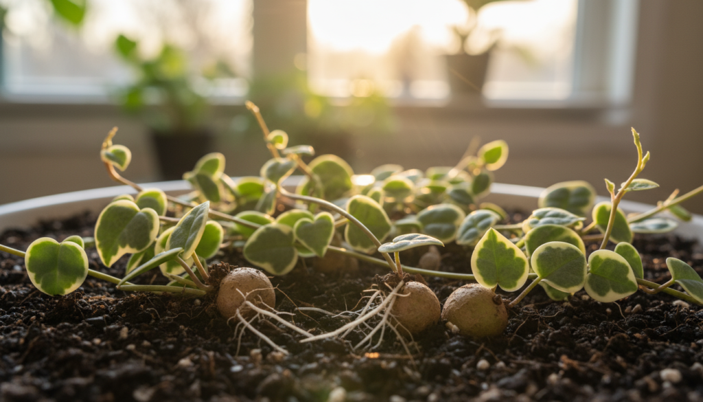 A close-up view of a vibrant String of Hearts plant, showcasing delicate green and variegated heart-shaped leaves twining along thin, cascading vines. In the foreground, several tubers nestled in rich, dark soil reveal their potential for propagation, forming a gentle contrast against the plant's cascading foliage. The middle ground features new roots emerging from the tubers, symbolizing growth and life. The background consists of a soft-focus, sun-drenched room filled with natural light, highlighting the lush greenery of the plant. The atmosphere is warm and inviting, evoking a sense of nurturing and growth. The shot is taken with a macro lens to capture intricate details, with soft bokeh enhancing the overall appeal.