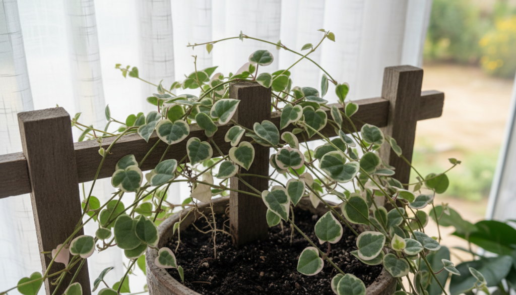 A close-up view of lush String of Hearts vines gracefully draping over a wooden trellis. In the foreground, the delicate, heart-shaped leaves exhibit a mix of vibrant green and subtle variegations. The middle section features vines intertwined, showcasing their unique growth patterns, while tiny roots are visible anchoring themselves in rich, dark soil. In the background, soft, diffused sunlight filters through light, airy curtains, creating a warm and inviting atmosphere. The scene is captured from a slightly elevated angle, enhancing the depth and texture of the vines against a blurred, natural backdrop. The mood is tranquil, emphasizing the beauty and resilience of these propagating plants.