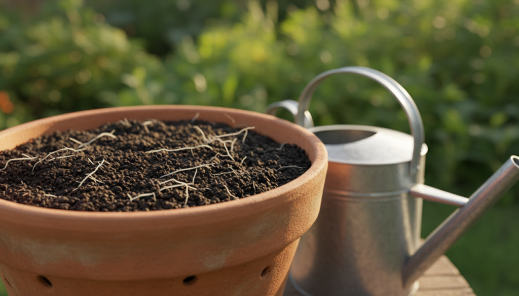 A close-up view of rich, dark potting soil in a terracotta pot, set against a softly blurred green garden background. The soil is textured, showing its moisture level with small clumps and fine particles glistening in warm sunlight. Scattered throughout the soil are tiny, delicate white roots visible at the surface, hinting at a newly transplanted peace lily. The pot features drainage holes, and a watering can is placed nearby, slightly out of focus, creating a sense of preparation. The image captures a serene, nurturing atmosphere, emphasizing the importance of care in gardening. The lighting is warm and inviting, suggesting a gentle afternoon glow, with depth of field focusing clearly on the potting soil while the background remains soft.