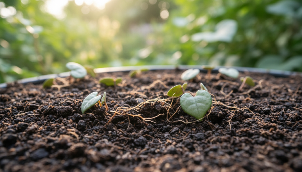 A close-up view of rich, dark soil cuttings, showcasing various textures and characteristics of the soil. The foreground features small clumps of soil with fine roots intertwined, emphasizing the natural intricacies of propagation. In the middle, delicate String of Hearts vines with heart-shaped leaves are partially buried in the soil, with a few leaves peeking out, indicating the propagation process. The background is softly blurred, simulating a gentle garden environment with hints of green foliage and sunlight filtering through leaves, creating a warm and inviting atmosphere. The lighting is natural and diffuse, reminiscent of a sunny day, enhancing the lushness of the scene. The angle is slightly tilted for depth, focusing on the soil and the plant, conveying a sense of simplicity and connection to nature.